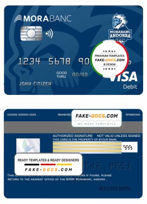 Andorra Morabank visa debit card template in PSD format, fully editable