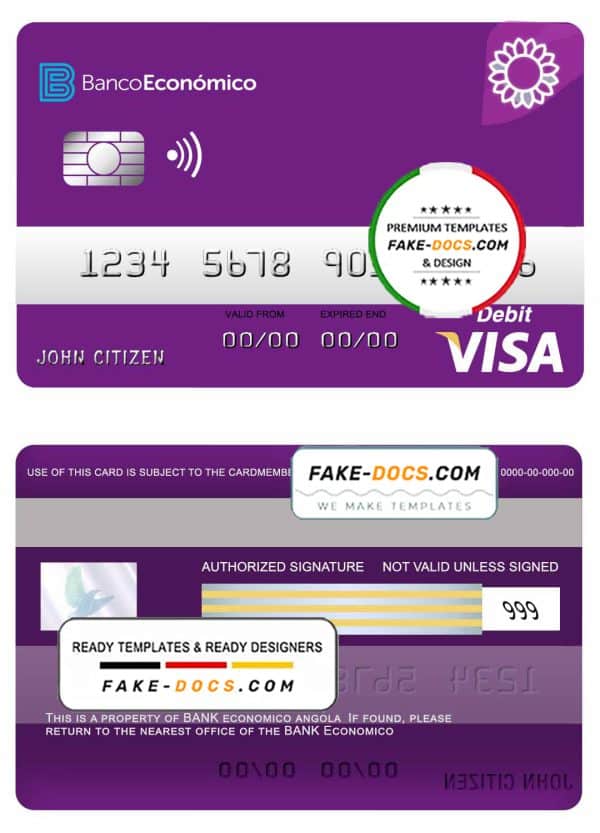 Angola Bank Economio visa debit card template in PSD format