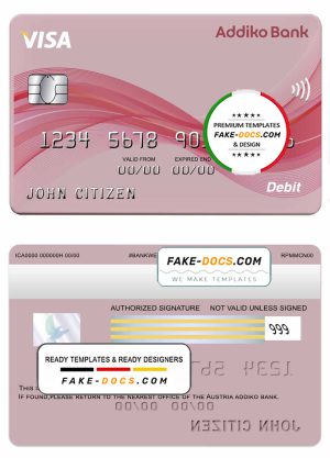 Austria Addiko bank visa card template in PSD format, fully editable