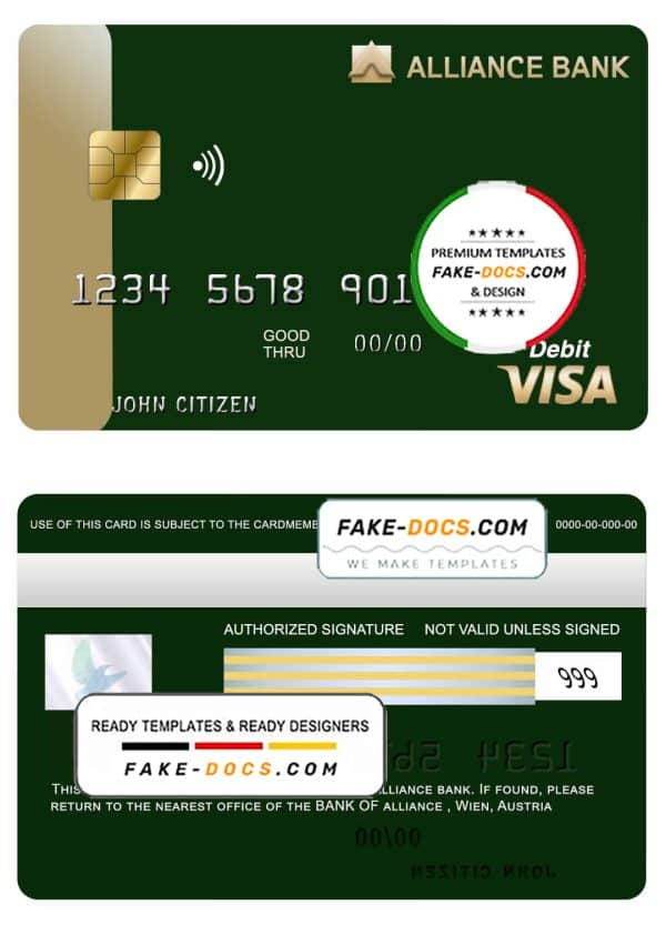 Austria Alliance bank visa card template in PSD format, fully editable