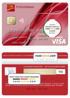 Bahamas First Caribbean bank visa debit card template in PSD format, fully editable