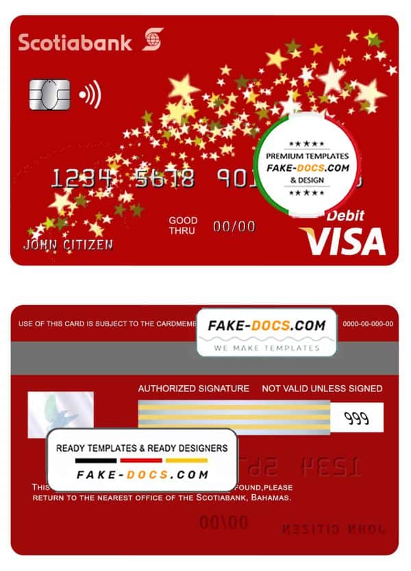 Bahamas Scotia bank visa debit card template in PSD format, fully editable