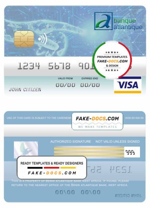 Benin Atlantique bank visa card template in PSD format, fully editable