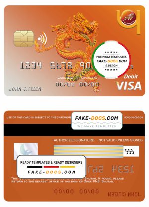 Bhutan Druk PNB bank visa card template in PSD format, fully editable