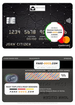 United Kingdom Bank of Aston bank mastercard, fully editable template in PSD format