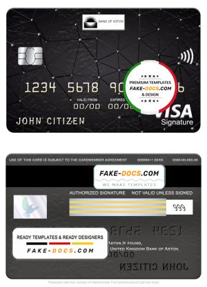 United Kingdom Bank of Aston bank visa signature card, fully editable template in PSD format