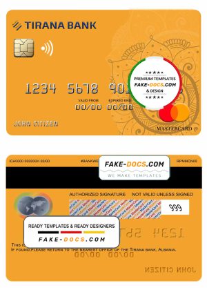 Albania Tirana bank mastercard template in PSD format, fully editable