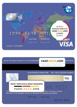 Algeria banque extérieure visa card template in PSD format, fully editable