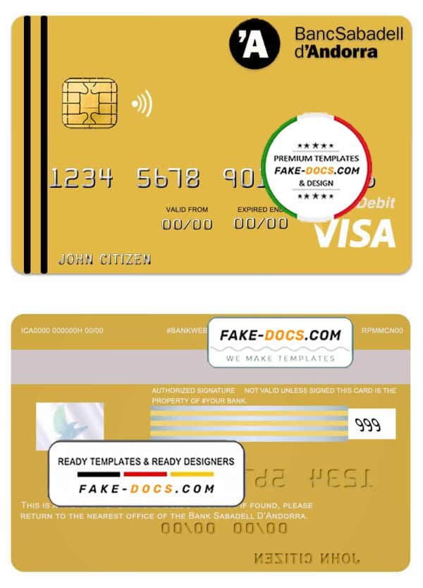 Andorra Bank Sabadell visa card debit card template in PSD format, fully editable