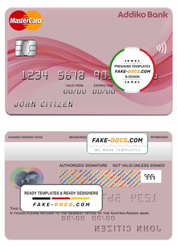 Austria Addiko bank mastercard template in PSD format, fully editable