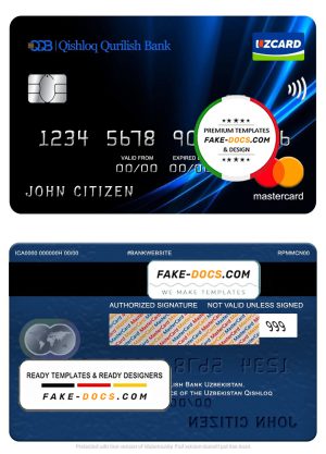 Uzbekistan Qishloq Qurilish Bank mastercard, fully editable template in PSD format