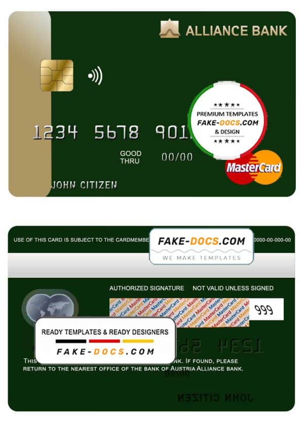 Austria Alliance bank mastercard template in PSD format, fully editable