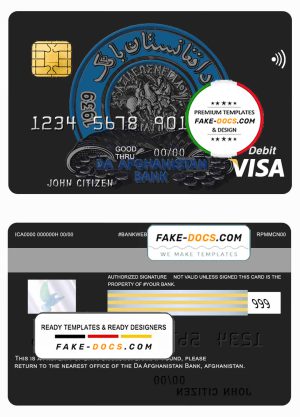 Afghanistan Da bank debit visa card template in PSD format, fully editable
