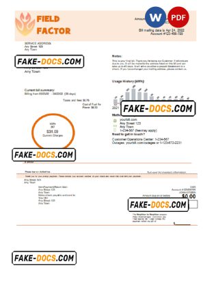 field factor universal multipurpose utility bill, Word and PDF template