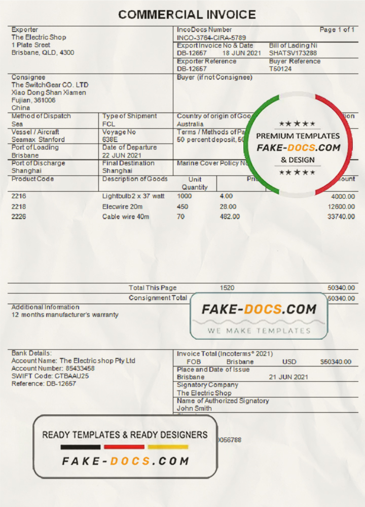 Australia Commercial Invoice company invoice template in Word and PDF format, fully editable scan
