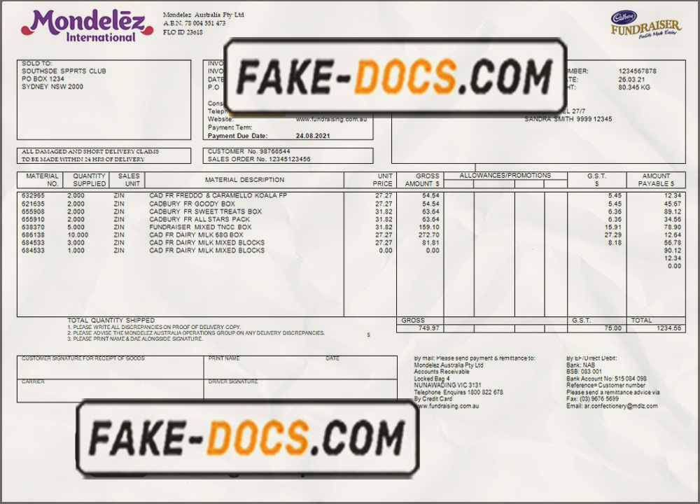 Australia Mondelez Holdings Pty Ltd invoice template in Word and PDF format, fully editable scan