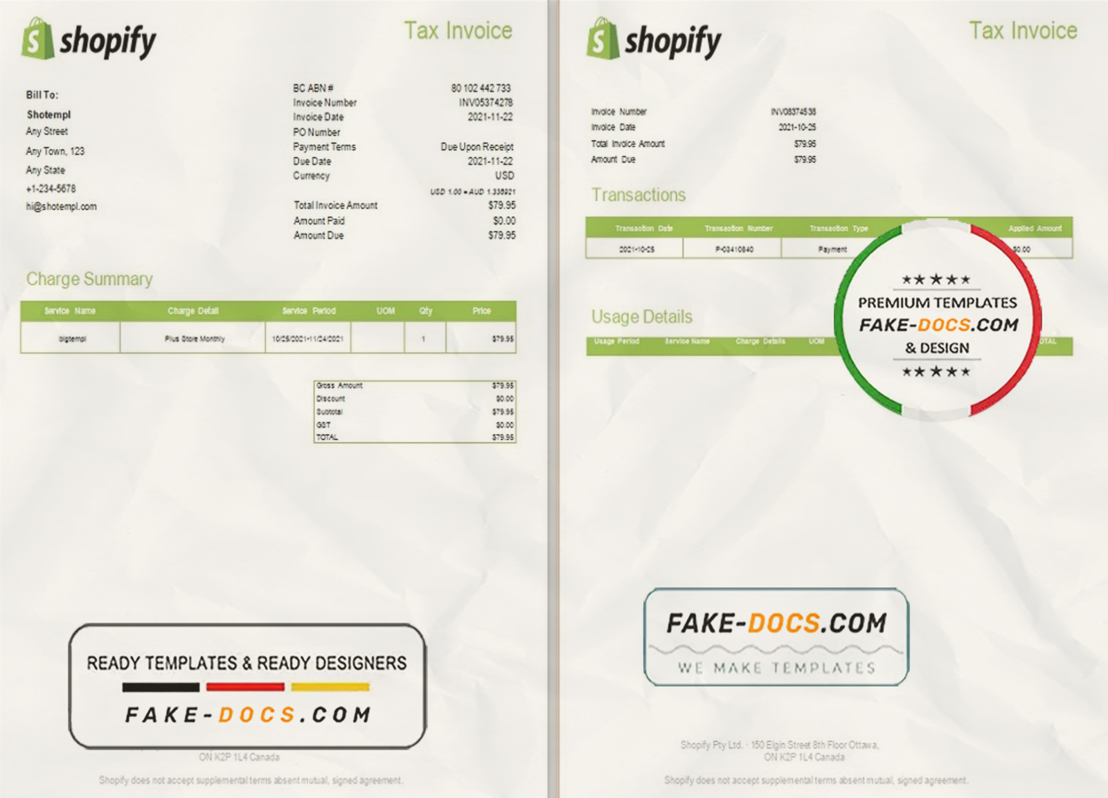 Canada Shopify tax invoice template in Word and PDF format, fully editable scan