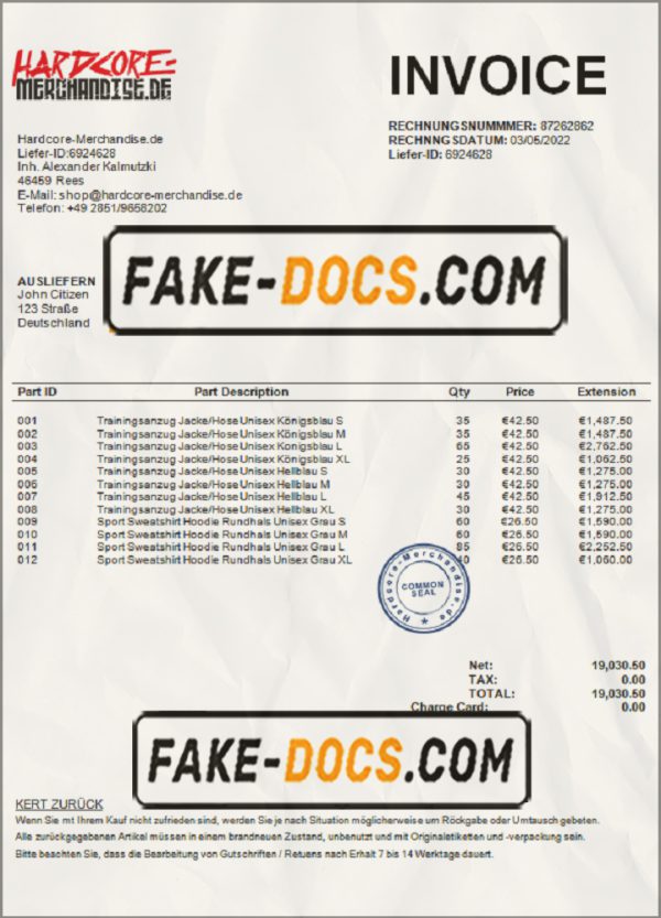 Germany Hardcore Merchandise invoice template in Word and PDF format scan