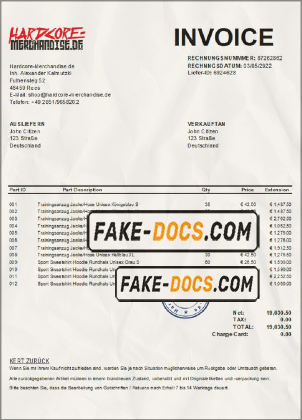 Germany Hardcore Merchandise invoice template in Excel and PDF format scan