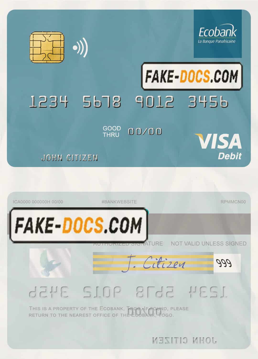 Togo Ecobank visa debit card template in PSD format Togo Ecobank visa debit card template in PSD format