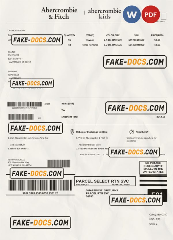 USA Abercrombie & Fitch invoice template Word and PDF template, fully editable Scan