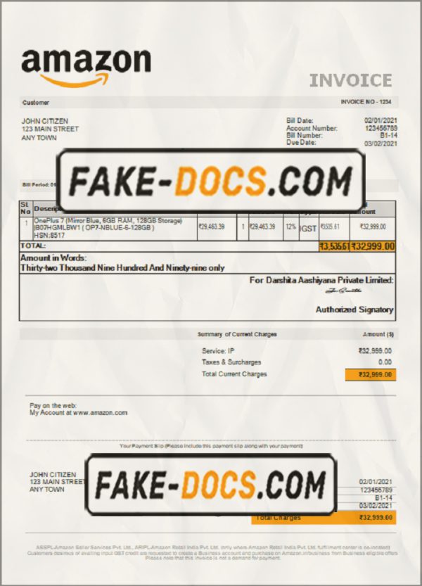 USA Amazon invoice template in Word and PDF format, fully editable scan