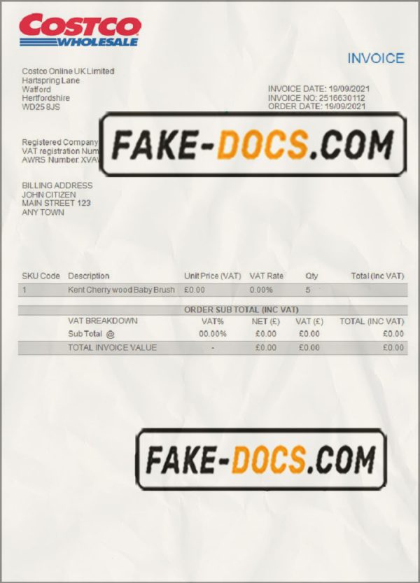 USA Costco invoice template in Word and PDF format, fully editable scan