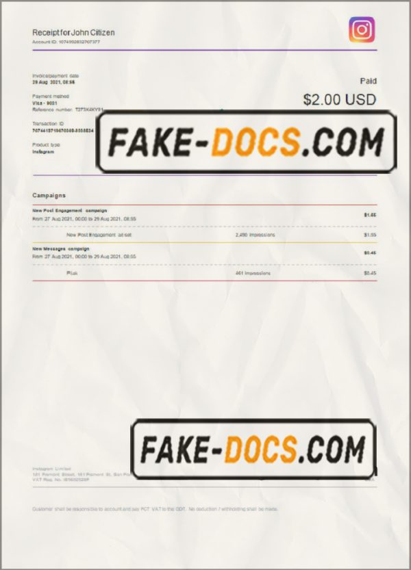 USA Instagram invoice template in Word and PDF format, fully editable scan