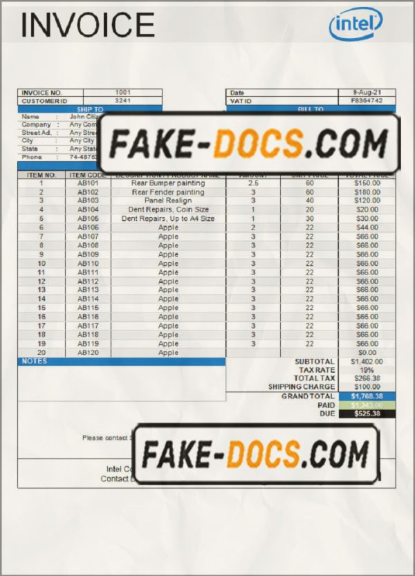 USA Intel invoice template in Word and PDF format, fully editable scan