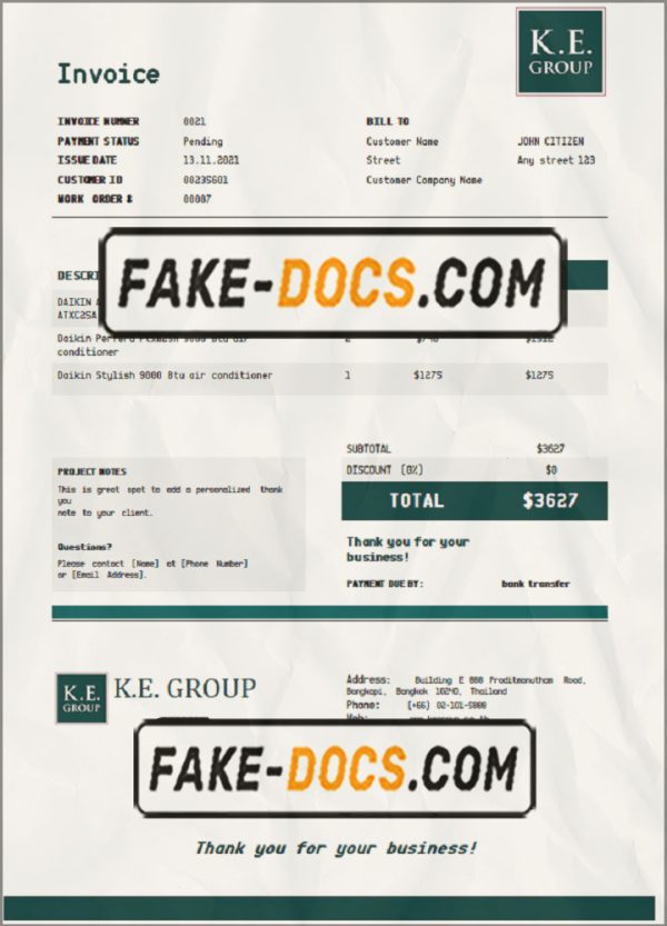 USA KE Group invoice template in Word and PDF format, fully editable scan