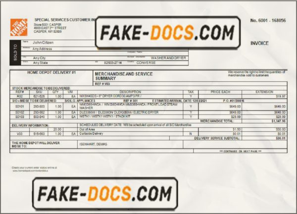 USA The Home Depot invoice template in Word and PDF format, fully editable scan