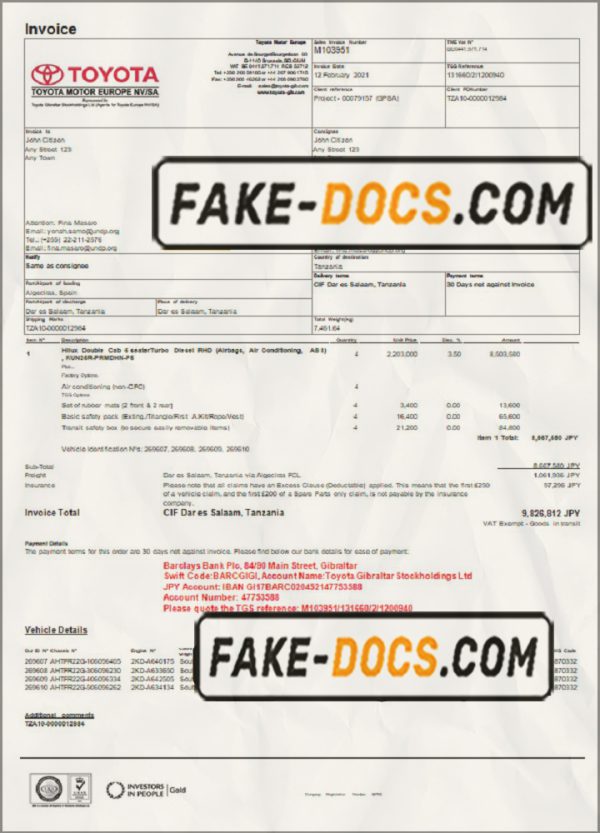 USA Toyota invoice template in Word and PDF format, fully editable scan