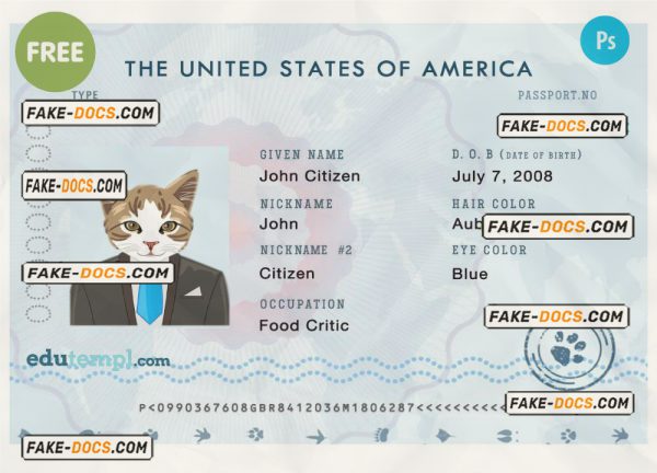 USA cat (animal, pet) electronic passport PSD template, fully editable