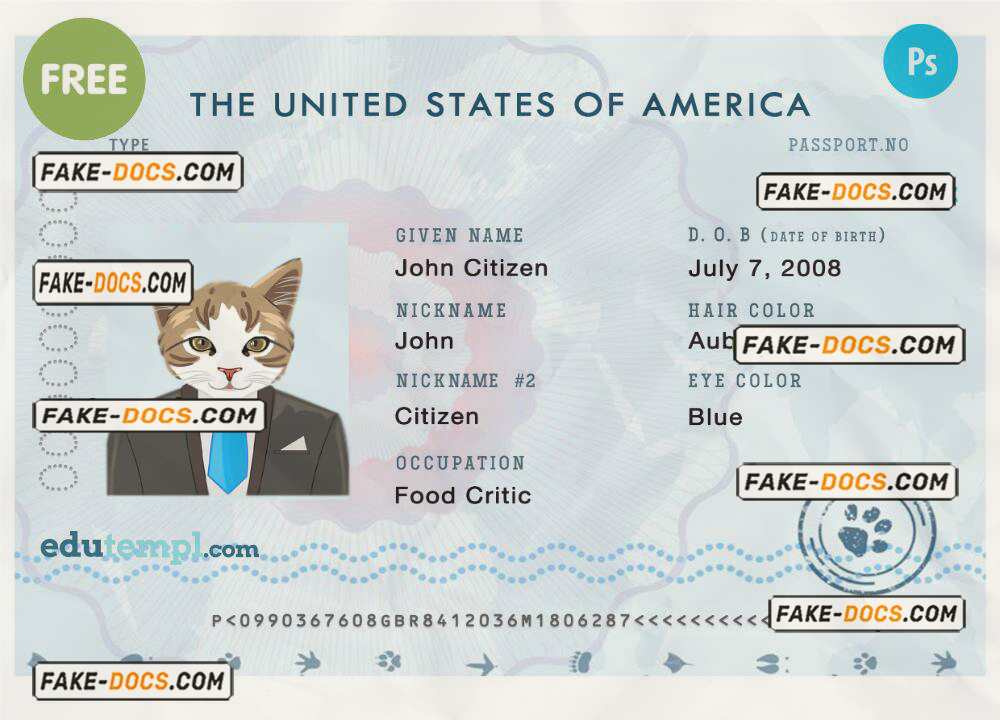 USA cat (animal, pet) electronic passport PSD template, fully editable SCAN