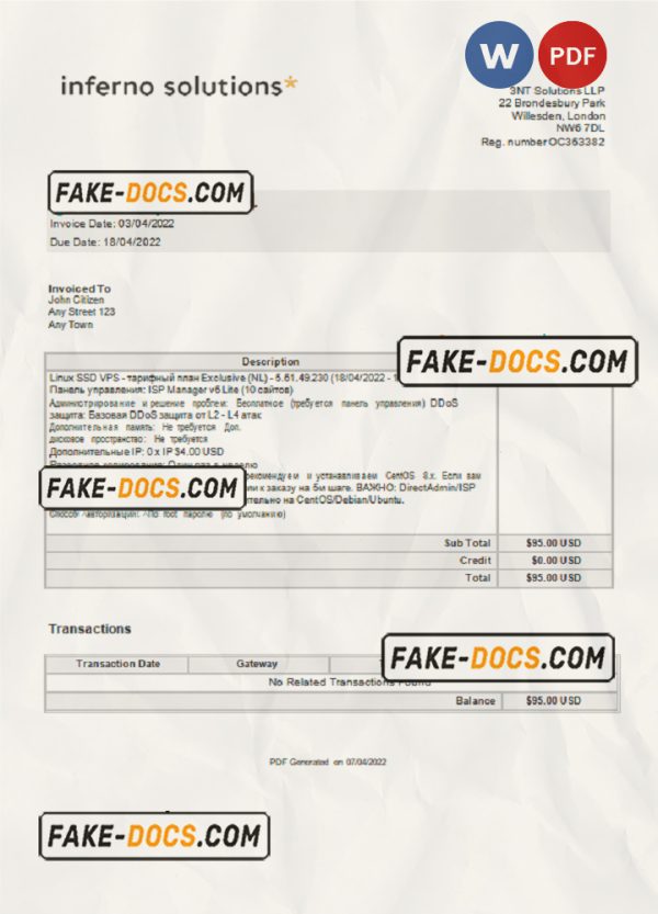 United Kingdom Inferno Solutions invoice Word and PDF template, fully editable scan