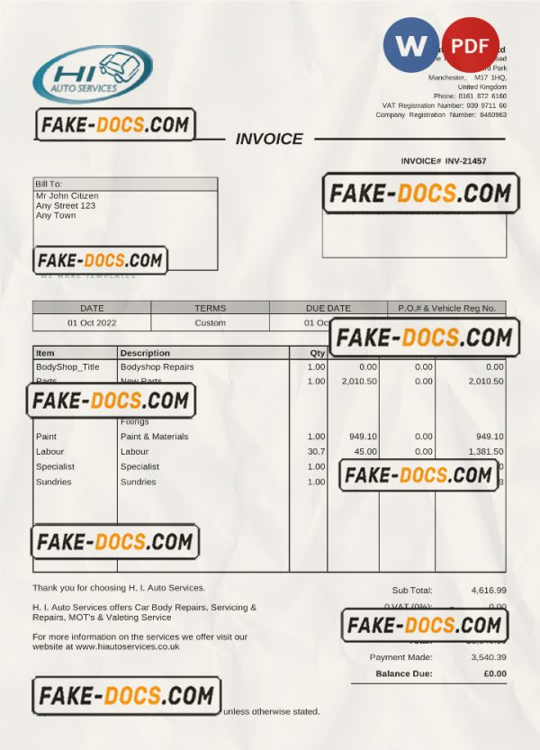 United Kingdom H I Auto Services Ltd invoice Word and PDF template, fully editable scan