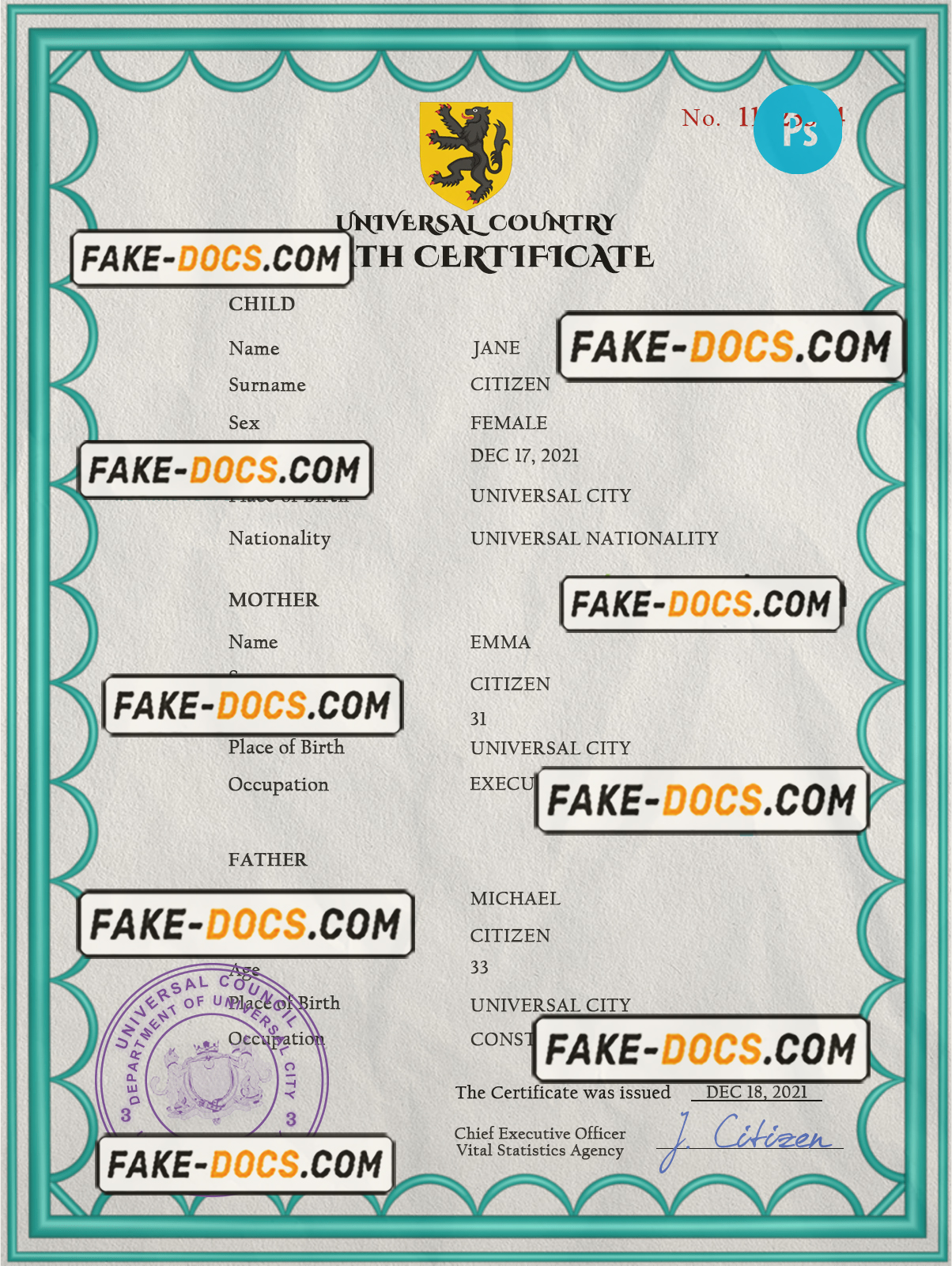 action universal birth certificate PSD template, fully editable scan