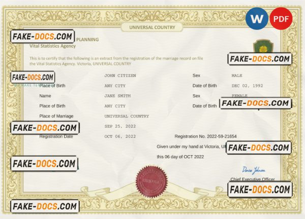 acute project universal marriage certificate Word and PDF template, completely editable