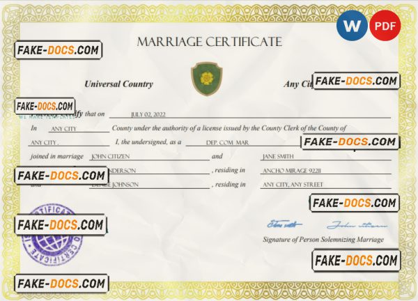 adore universal marriage certificate Word and PDF template, fully editable scan