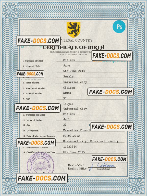 alpha awards universal birth certificate PSD template, completely editable scan