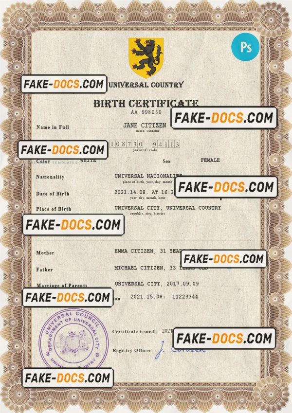ammo universal birth certificate PSD template, completely editable scan