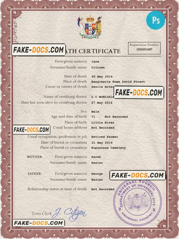 arms first-choice vital record death certificate universal PSD template scan