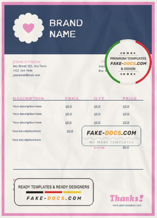 blush purpose universal multipurpose invoice template in Word and PDF format, fully editable scan