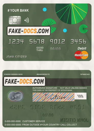 budget green universal multipurpose bank mastercard debit credit card template in PSD format, fully editable scan
