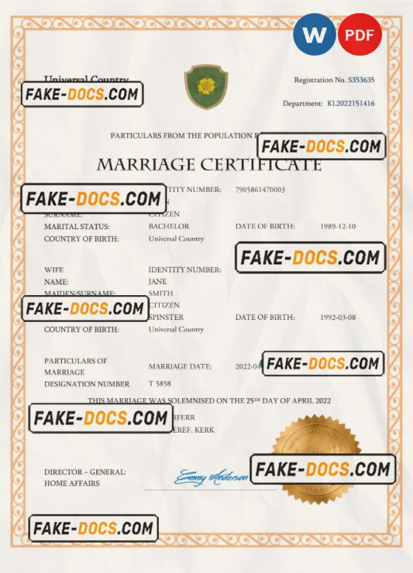 charm universal marriage certificate Word and PDF template, fully editable scan