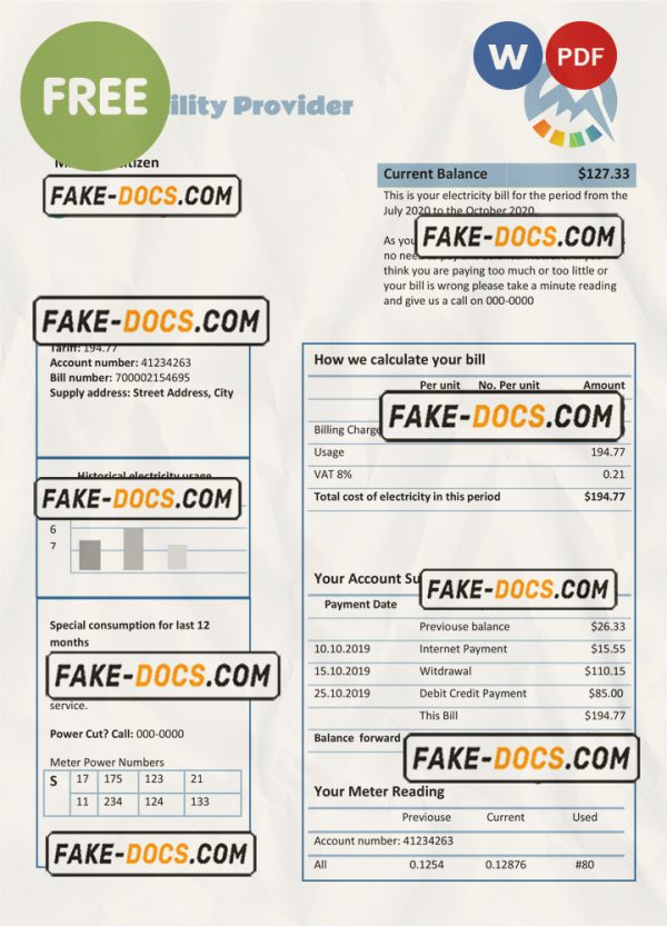 cycle energy universal multipurpose utility bill template in Word format scan