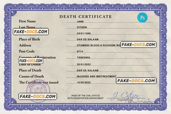death solutions death universal certificate PSD template, completely editable scan
