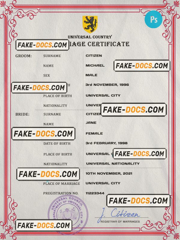 delight universal marriage certificate PSD template, fully editable scan
