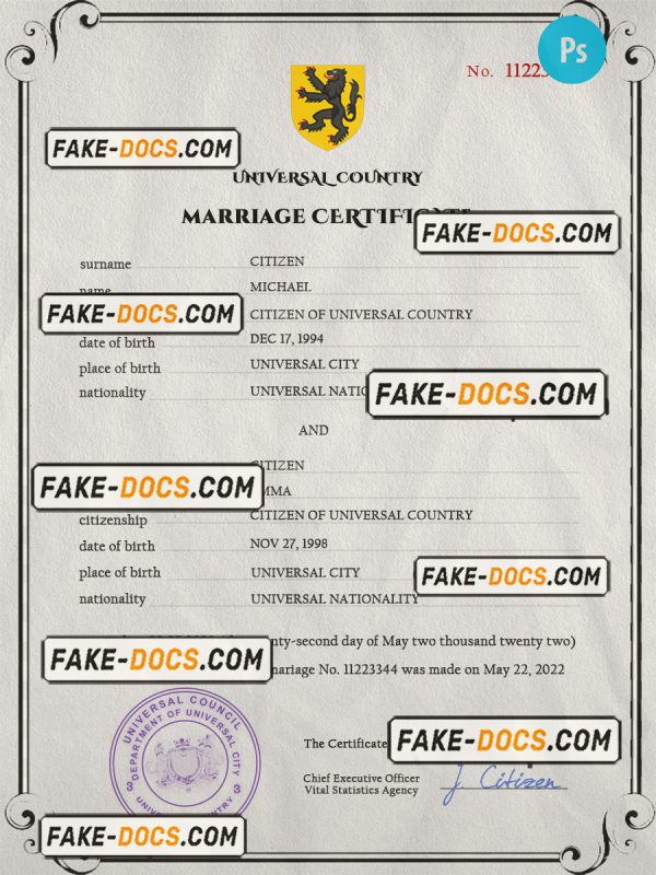 destiny universal marriage certificate PSD template, completely editable scan