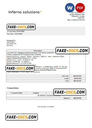 United Kingdom Inferno Solutions invoice Word and PDF template, fully editable